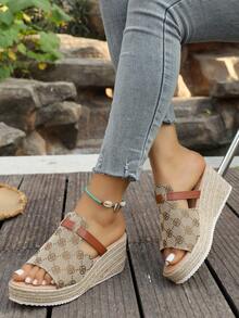 Women's Straw Wedge Rope Open Toe Slippers, Thick Sole Elevated Sandals For Summer Outdoor Wear - Flower Brown - View 2