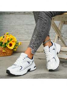 Women's Lace-Up Casual Sneakers - Breathable Fabric Toe Cap, Cushioned And Comfortable Lightweight PVC Sole, Stylish And Simple Design, Wear-Resistant And Non-Slip, Suitable For Indoor, Vacation And Daily Wear / Special Price Comfortable Shoes - 藍色 - 查看 5