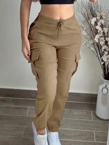 Plus Size Women's Fashion Casual Solid Color Minimalist Pocket Elastic Waist Drawstring Cargo Pants, Lightweight Polyester Blend Soft Fabric - Khaki - View 1