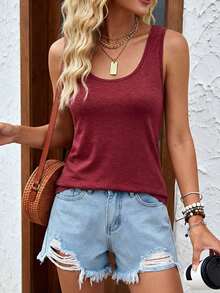 Women's Retro Casual Distressed Style Vest, A Versatile Basic Vest Suitable For Everyday Wear. Customizable Text And Graphic Prints Are Available. Summer - Red - View 3