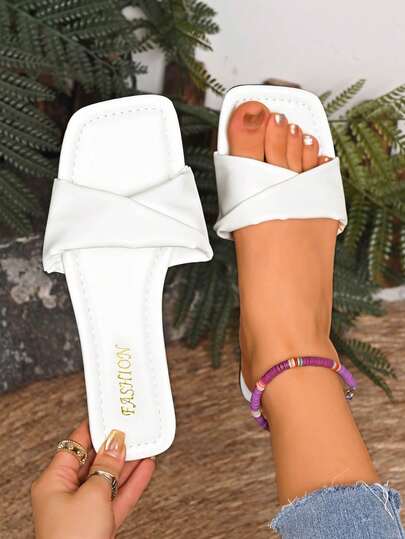 Summer New White Cute Flat Sandals, Women's Fashion Casual Strap Square Toe Slippers