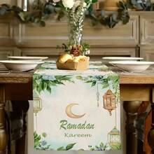 One Piece Set Of Ramadan Themed Table Runner, Featuring A Simple Ramadan Pattern Design - Green As The Main Color, Gold Crescent And Lantern Patterns, With Fresh Green Leaves And Floral Decorations. Polyester Rectangular Tablecloth, Suitable For Kitchens, Restaurants, Parties, And Homes, As Well As Rural Holiday Decorations. Available In Various Sizes, It Is An Ideal Choice As A Gift. - Multicolor - View 3