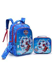 BLING BABIES 3件套男童背包，天蓝色卡通足球图案书包，适合小学生，17英寸儿童背包，带午餐盒和铅笔盒，夜光功能（蓝绿色） - 藍色 - 查看 2