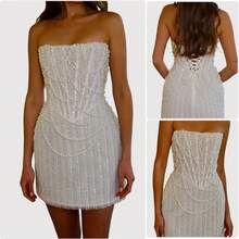 European And American Light Wedding Dress American Style Strapless Dress Beaded Sexy Strapless Short Bodycon Dress - trắng - Xem 2