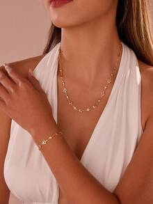 2 Pieces Star-Shaped Jewelry Set (Necklace + Bracelet) | Minimalist Elegant Style | Gold-Plated Star Chain & Adjustable Length Design | For Fashionable Women (Evening Dress Outfits & Date Night Matching) - Gold - View 1