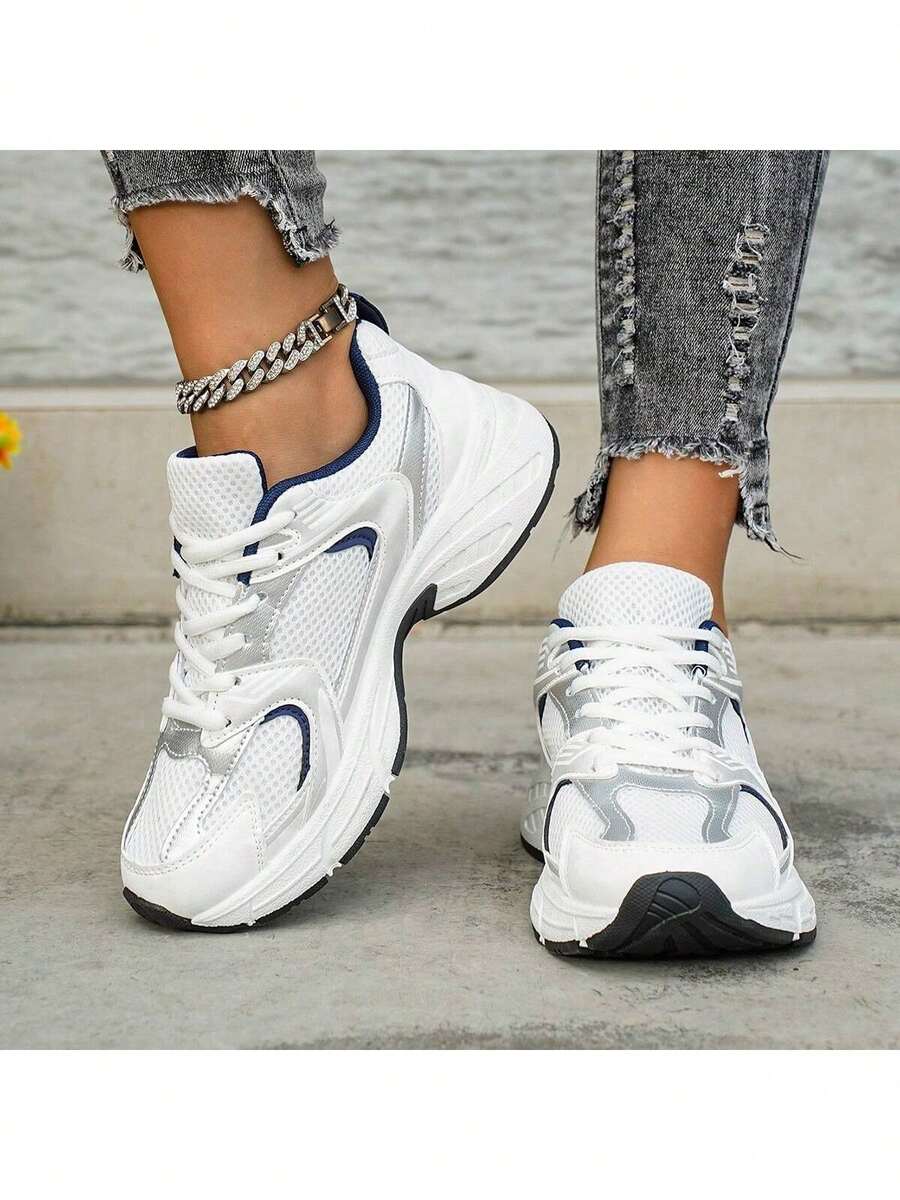 Women's Lace-Up Casual Sneakers - Breathable Fabric Toe Cap, Cushioned And Comfortable Lightweight PVC Sole, Stylish And Simple Design, Wear-Resistant And Non-Slip, Suitable For Indoor, Vacation And Daily Wear / Special Price Comfortable Shoes - 藍色 - 查看 1