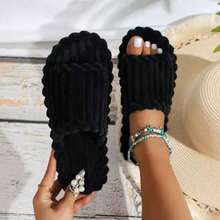 New Stylish And Simple Striped Open-Toe Cotton Slippers For Indoor Use, Perfect For Couples. - màu đen - Xem 5