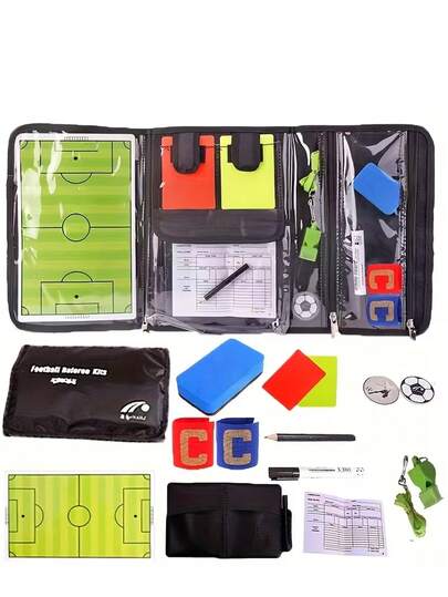 Football Referee Set And Accessories, Includes Referee Notebook, Tactics Board, Whistle, Coin Toss Selector, Red/Yellow Cards, Captain Armband, And Training/Match/Game Football Field Diagram (Portable Referee Gear)