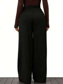 女士纯色褶裥直筒休闲商务裤，女士正装裤，适合春夏商务、工作和外出穿着 - 黑色 - 查看 8
