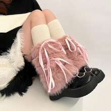 2026 NEW Y2K Warm Faux Fur Furry Leg Warmers Women, Winter Fuzzy Long Boot Cuff Covers 15.7in Bow Fluffy Leg Warmers, - 黑色 - 查看 3