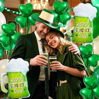 7pcs/Set St. Patrick's Day Party Balloon Set, Lucky Green Shamrock Beer Bottle Foil Balloons With 1 Roll Of Green Ribbon And Inflating Straws, Happy St. Patrick's Day Birthday Party, Wedding, Anniversary Irish-Themed Party Balloon Decoration Supplies