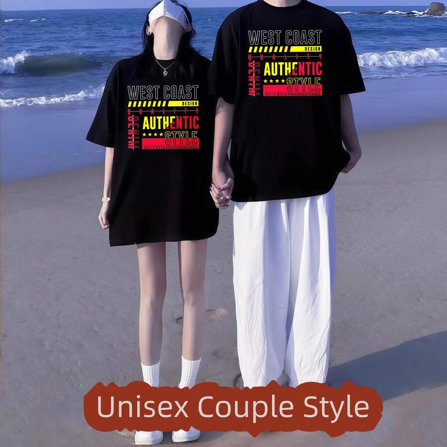 Chica limpia OESTE estilo auténtico estampado suave acanalado punto camiseta Trabajo Fin de Semana Casual pareja Unisex - Negro - Ver 1