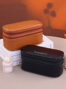 1pc Double Layer Large Capacity PU Cosmetic Bag, Women Travel Makeup Organizer Pouch - Multicolor - View 5