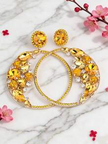 1 Đôi bông tai dáng dài bản lớn bằng hợp kim đồng, hàn thủ công, đính đá lấp lánh, kiểu móc cài, dành cho nữ. - Phong cách - Xem 8