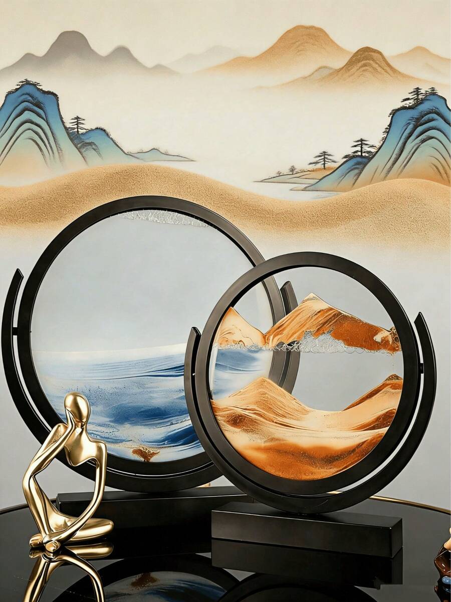 1件8英寸3D翻转圆形黑色边框流沙艺术品，玻璃装饰，风景画，办公橱柜装饰 - 彩色 - 查看 1