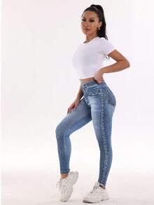 Legging Olahraga Pinggang Tinggi Motif Efek Denim, Celana Ketat Kasual Elastis, Pilihan Pas yang Nyaman, Ukuran Plus untuk Olahraga Musim Gugur - Biru - View 4