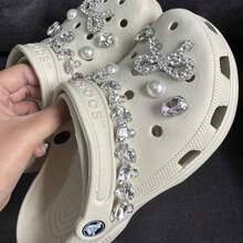 Accesorios de zapatos de alta gama y resistente con lazo, perla, cadena brillante de diamante, compatibles con flor de zapato desmontable cruzada - Diamantes de imitación - 11 adornos para zapatos (sin cadena) - Ver 4