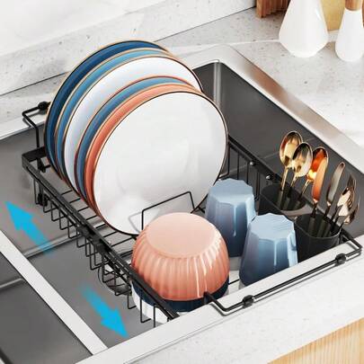 Expandable In Sink Dish Drying Rack - Adjustable Capacity Over The Sink Dish Drainer Drying Rack For Kitchen, 12.4"-17.1" L X 12.8" W, Black