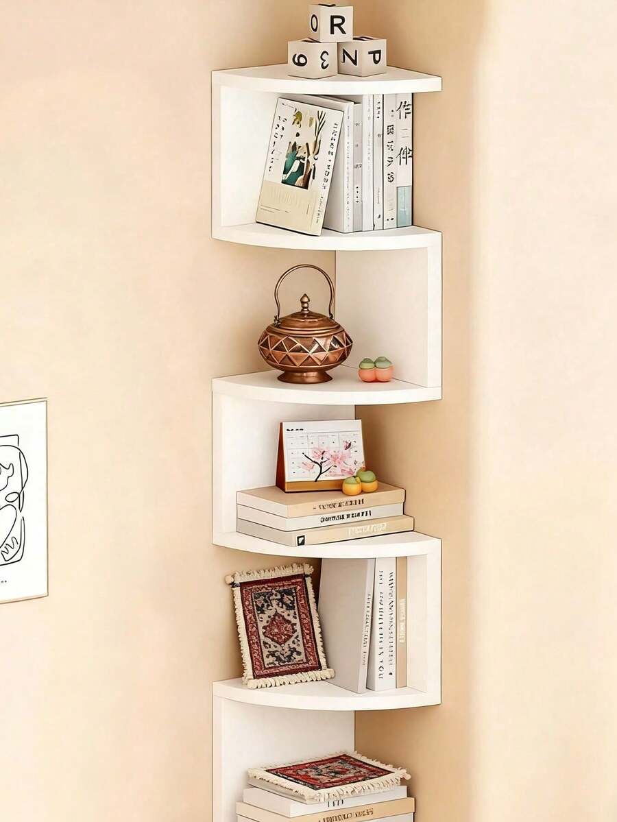 1pc Wall-Mounted 5-Tier Semi-Circle Corner Storage Rack, Wall-Mounted Bookshelf (Lighting Not Included) - White - View 1