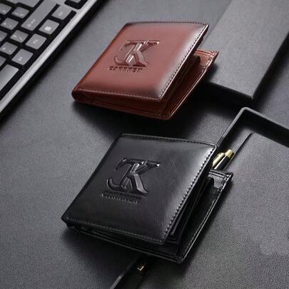 高级字母压纹男士短款钱包对折商务极简信用卡夹男士礼盒钱包男士钱包迷你钱包钱包男士钱包真皮小钱包旅行必备证件夹身份证夹