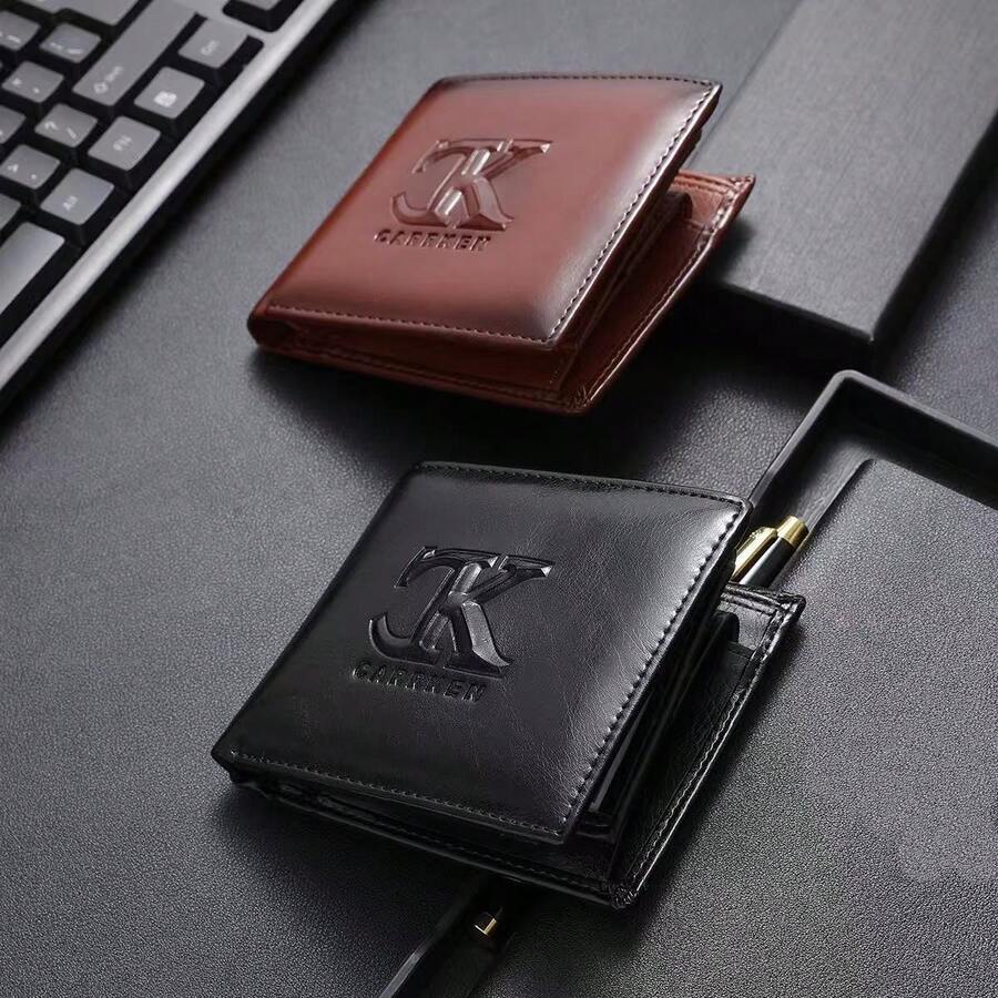 高级字母压纹男士短款钱包对折商务极简信用卡夹男士礼盒钱包男士钱包迷你钱包钱包男士钱包真皮小钱包旅行必备证件夹身份证夹 - 彩色 - 查看 1