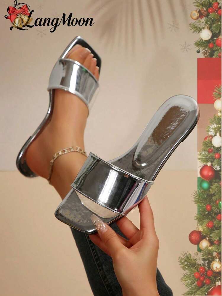 2026 New Fashion Women's Slippers, Featuring Glossy/Metallic Texture Upper With Minimalist Design, Creating Eye-Catching Flat Comfortable Silhouette, Personalized Color Scheme Exudes Fashionable Charm, Comfortable And Versatile For Daily Wear, Suitable For Holidays, Parties, New Year Gatherings, Dates, And Various Occasions, Ideal For New Year Celebrations And Holiday Festivities - Silver - Glossy - View 1