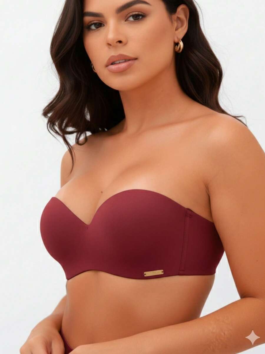 Strapless Bra With Removable Straps, Adjustable Silicone-Effect Padding, Triple Clasp, Reinforced Polyamide Top. - Màu Đỏ Sâu - Xem 1