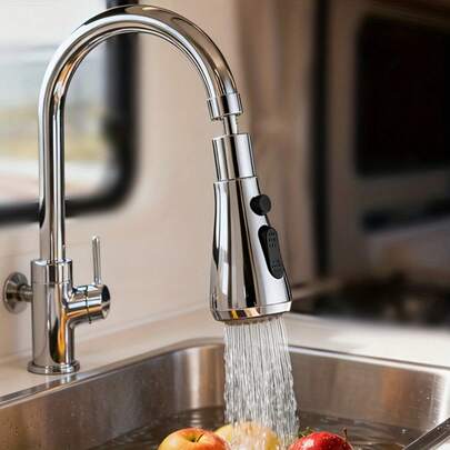 1个重型旋转式厨房浴室水龙头，三向出水模式，防溅设计，增压系统 - 20-24mm螺纹适配器，适用于浴室水槽、厨房水槽，现代风格/镀铬/ - 兼容单/双孔水槽