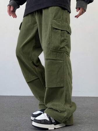 Pantalones cargo rectos de pana para hombre, pantalones cómodos y holgados de color verde militar, versátiles para primavera y otoño