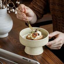 1pc Retro Ceramic High Footed Plate, Vintage Fruit Plate, Living Room Tea Table Snack Tray - Beige - View 5