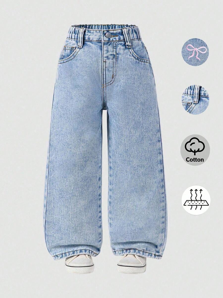 Light Blue Bow Embroidered Wide Leg Jeans, Elastic Waist Loose Casual Denim Pants For Young Girl - Blue - View 1