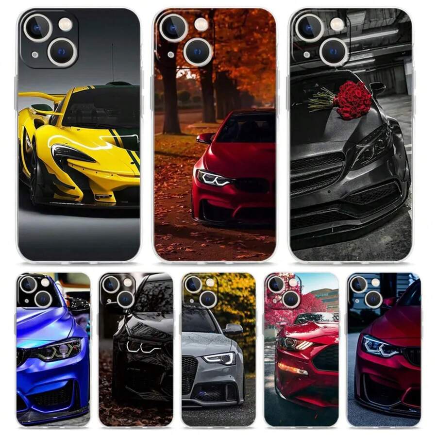Étui transparent pratique compatible avec 15 14 13 12 11 Pro Max XS X XR 7 8 Plus. Étui transparent et antichoc. Voiture de sport bleue et rouge. Étui compatible avec 17, 17 Pro, 17 Pro Max - B7 - Voir 1