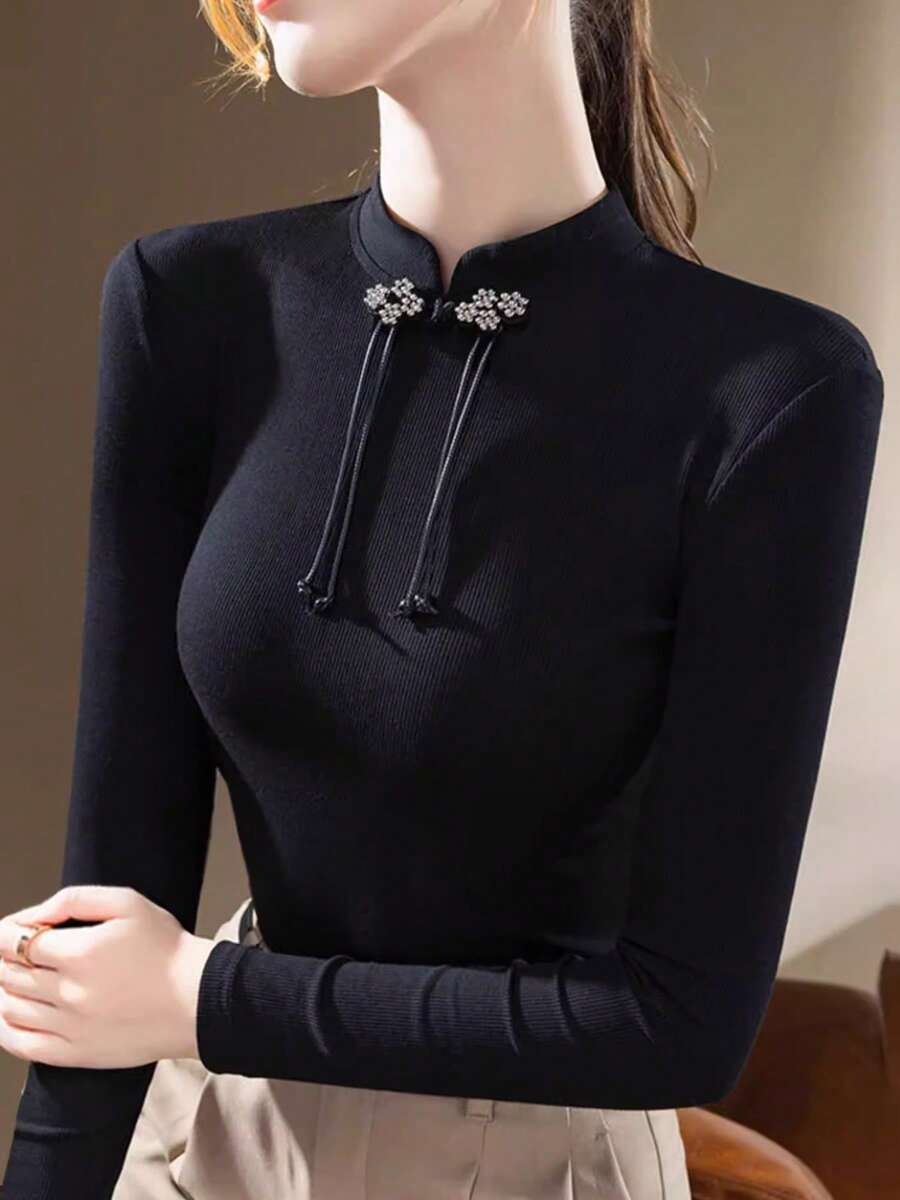 Women's Mandarin Collar Button-Up Long Sleeve Slim Fit T-Shirt, Chinese Style, Black, New Autumn Collection - Black - View 1