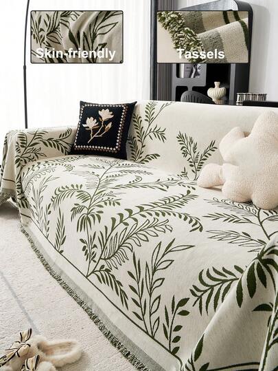 1pc Floral Pattern Chenille Fringed Sofa Cover, Pet-Friendly Dirt-Resistant Machine Washable, Holiday Decor Sofa Protector, Fits 1/2/3/4 Seater Sofa