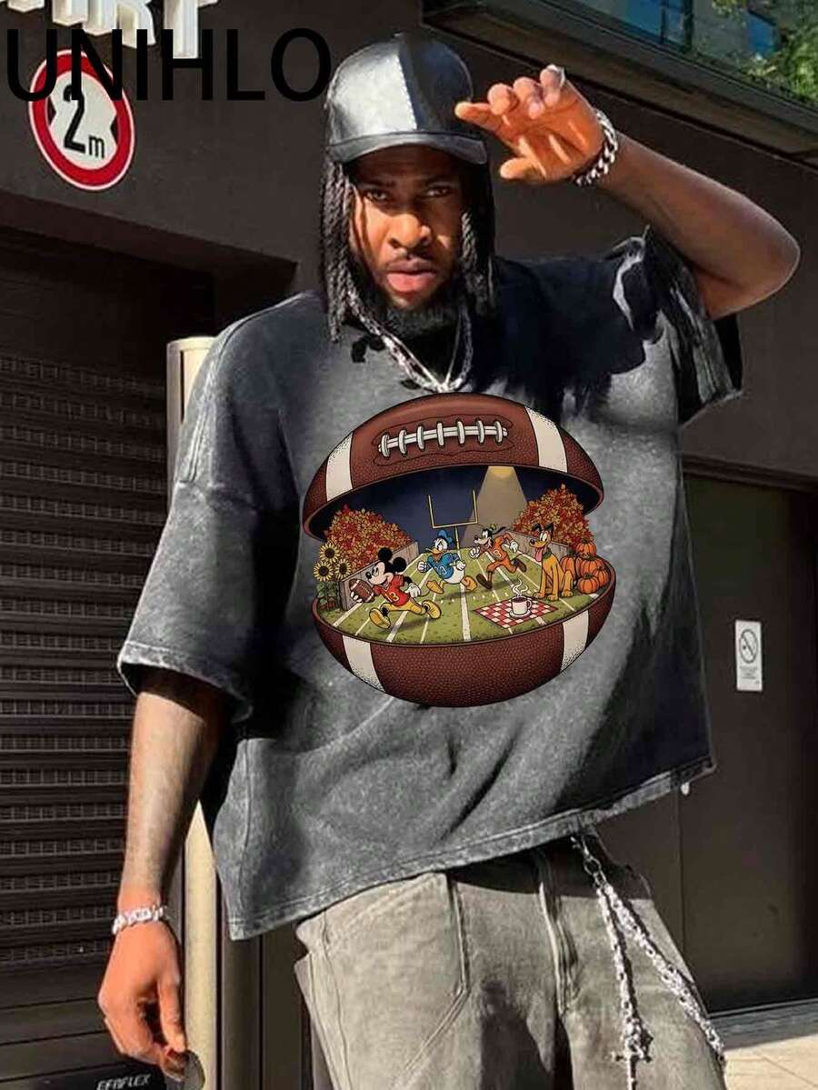 Disney UNIHLO Rugby League   Printed Summer Heavyweight Retro Washed Street Fashion Casual T-Shirt - 黑色 - 查看 1