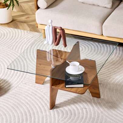 Modern Quadratischer Beistelltisch / Couchtisch Aus Sicherheitsglas – 80 Cm Seitenlänge. Tischbeine Aus MDF In Nussbaum-Holzoptik. Ideal For Esszimmer, Wohnzimmer, Büro Und Vieles Mehr.