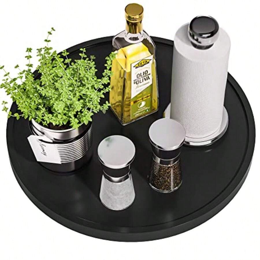 Turntable Vanity Tray 10 Inch For Perfume Candle Bamboo Kitchen Sink Countertop Organizer Keep Glass Sponge And Soap Bathroom Coffee Table Decorative Black VFLZ - 黑色+13.2英寸 x 13.2英寸 x 1.5英寸 - 查看 1