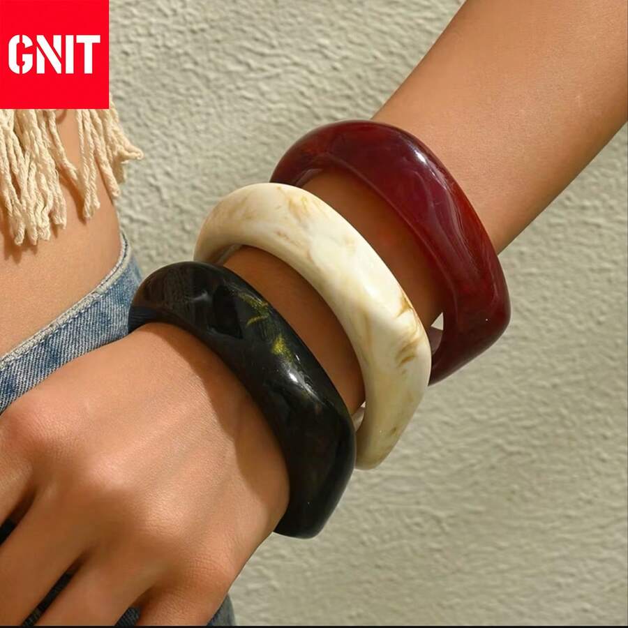 GNIT Who Gets It?! I Stacked These 3 Bracelets And Got Asked For The Link 800 Times When I Went Out! Geometric-Pattern Acrylic Bracelets #Goldlayeredbracelet #OTclaspjewelry Y2K Retro + Minimalist Luxury Multi-Element Combo Set - Black Coffee + Milk Lines + Reddish Brown - View 1