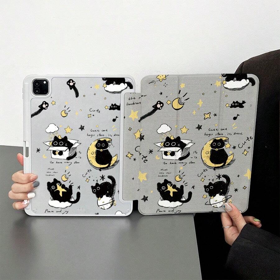 1 Starry Night Black Cat Doodle Pattern Protective Folio Tablet Case - Ideal For Lovers Of Sweet And Cute Styles ,Tablet Case With Pen Holder Compatible With IPad 10.9/10.2/ Air 5th Gen/Pro11/10th/9.7/Air 2/IPad (7th Gen)/ IPad (8th Gen)/IPad Air 4/5/IPad Pro 11/IPad 10th Generation 10.9-Inch 2022 Smart Case/IPad Air 13(M3 2025)/IPad Air 11(M3 2025)/IPad Air 11(M3 2025)/IPad 11(A16 2025), Auto Sleep/Wake Function - Multicolor - View 1