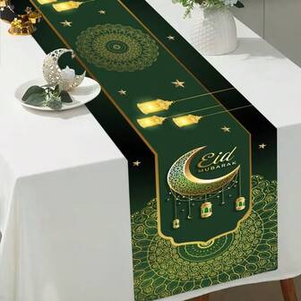 This Ramadan-Themed Table Runner Set Includes Multiple Table Runners, Featuring A Minimalist Ramadan Design With A Green Color Scheme, Accented By Golden Crescent Moons And Lantern Motifs. Made Of Durable Polyester Material, The Rectangular Design Is Suitable For Kitchen, Dining Room, Party, Home, And Rural Holiday Decor. Available In Multiple Sizes, Making It A Great Gift Item.
