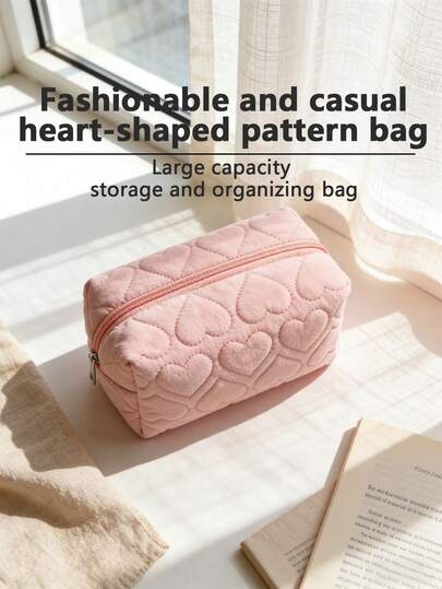 Bolsa con patrón en forma de corazón, de moda y casual, suave y amigable con la piel, hecha de algodón puro, de gran capacidad, bolsa de almacenamiento y organización, se puede usar como estuche para lápices, bolsa de almacenamiento, ligera y portátil, esencial para viajar, de moda y sencilla, hermosa y fresca, bolsa portátil, caja de almacenamiento de auriculares, bolsa de organización, bolsa para llaves