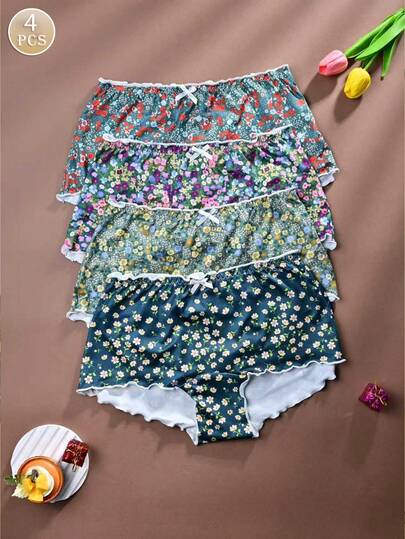 4pcs Women's Comfortable Fabric Allover Print Ruched Hem Panties, Green Series, Cute Bow Decor, Mid-Waist Ladies Underwear