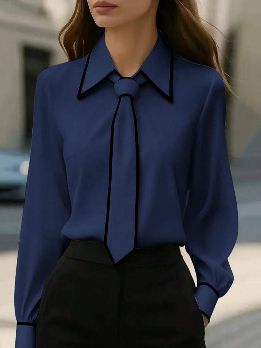 1pc Women's Contrast Color Trim Knot Elegant Long Sleeve Blouse, Suitable For Holiday, Office, Daily Wear, All Seasons - Navy Blue - View 1