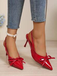 Nuevos tacones altos rojos para mujer con correa trasera, stilettos de punta afilada, con acento de lazo, zapatos de tacón de tira, zapatos rojos de piel patentada con estilo retro francés - Burdeos - Ver 4