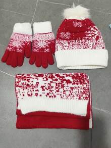 Set de 3 piezas a juego para la familia en Navidad - Gorro de invierno acogedor, bufanda y guantes con estampado de copos de nieve, de tela suave, elástica y transpirable, ajuste elástico, adecuado para mujeres y niñas, lavable a máquina, atuendo ideal para fotos familiares, fiestas y actividades al aire libre