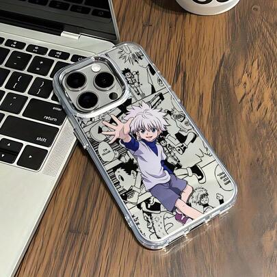 Estuche de teléfono compatible con Killua Zoldyck para 16, 15, 14, 13, 12, 11 Pro, X, XR, XS, 8, Plus, con una parte trasera suave transparente y un marco de lente de plata metálica.17,17 Pro