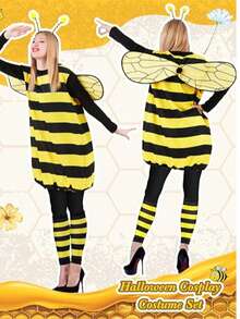 3pcs Carnival Party Costume: Bee Themed Outfit - Full Bee Costume With Striped Leggings And Back Wings - Ideal For Carnival, Halloween And Various Theme Party Cosplay - Multicolor - View 2