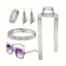 1970年代迪斯科配饰 - 女士迪斯科服装首饰套装、发带、亮片围巾、太阳镜、手镯和耳环（黑色、银色、玫瑰红）