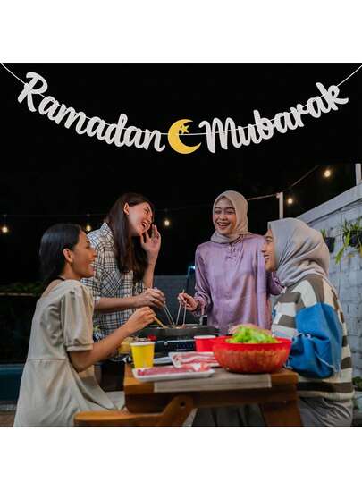 Ramadan Mubarak Party Banner With Star, Crescent Moon And Gold Glitter, Silver Hanging Flag For Party, Festival Decoration