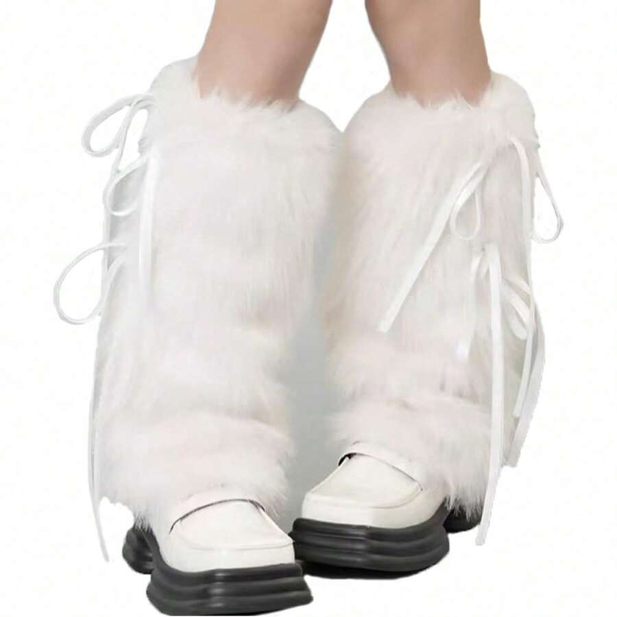 2026 NEW Y2K Warm Faux Fur Furry Leg Warmers Women, Winter Fuzzy Long Boot Cuff Covers 15.7in Bow Fluffy Leg Warmers, - 白色 - 查看 1